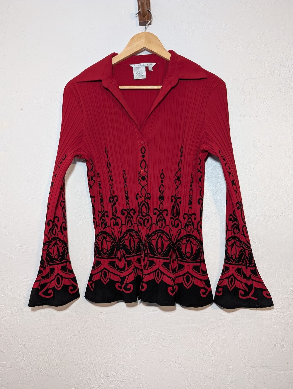 Vintage 90s Black Red Pleated Stretchy Flounce Sleeve Blouse Whimsigoth Vamp
